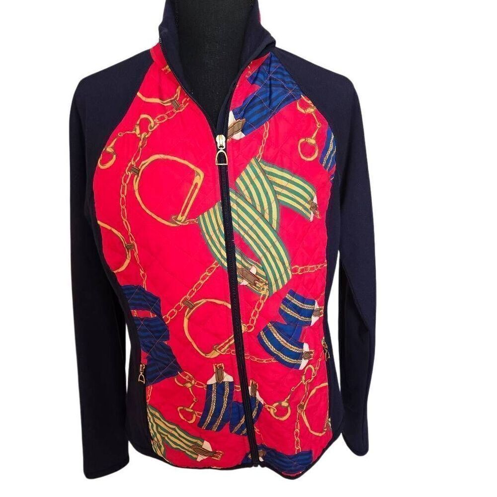 LRL Ralph Lauren Womens Active Equestrian Print Quilted Zip Jacket Navy Medium